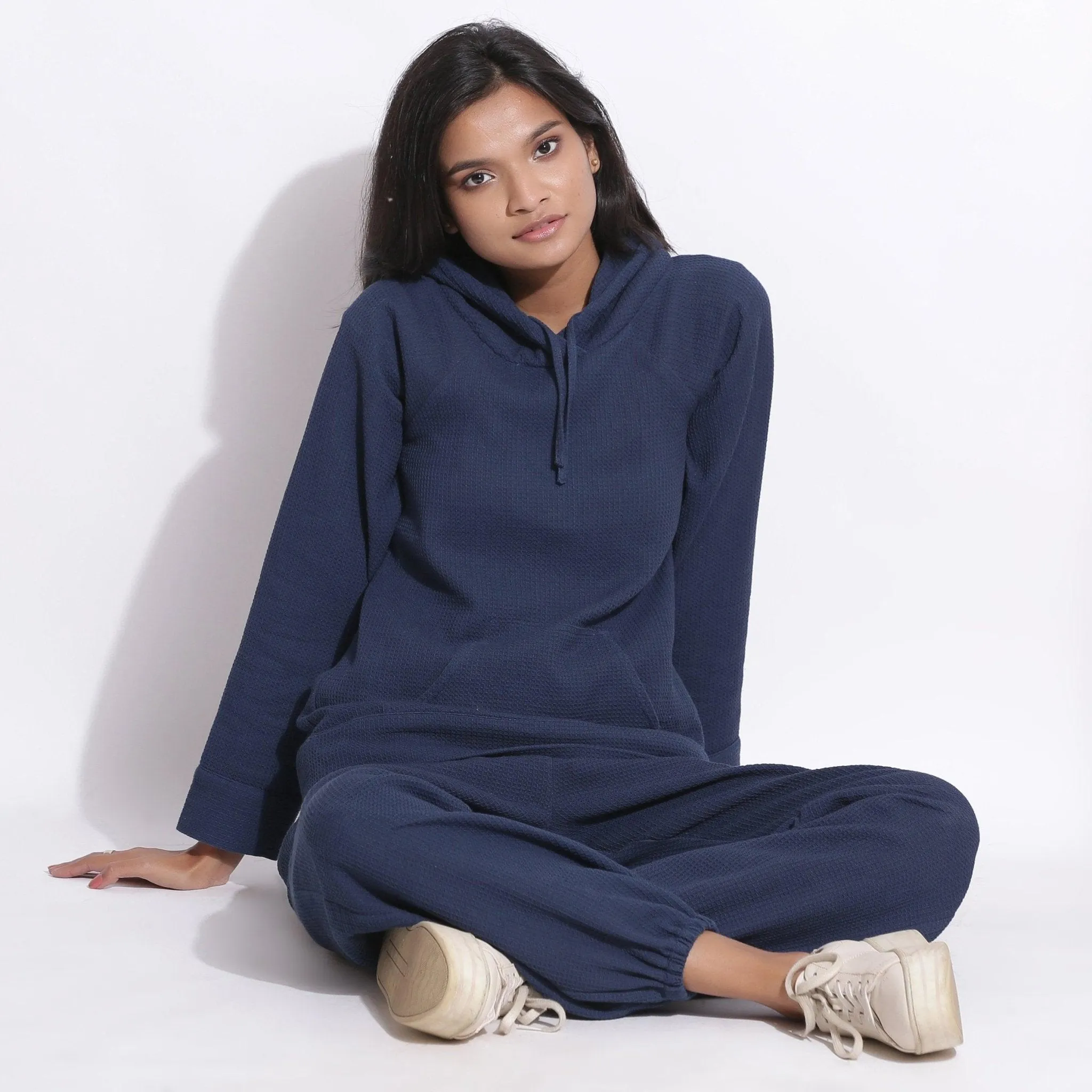 Navy Blue Warm Cotton Waffle Hoodie Sweatshirt