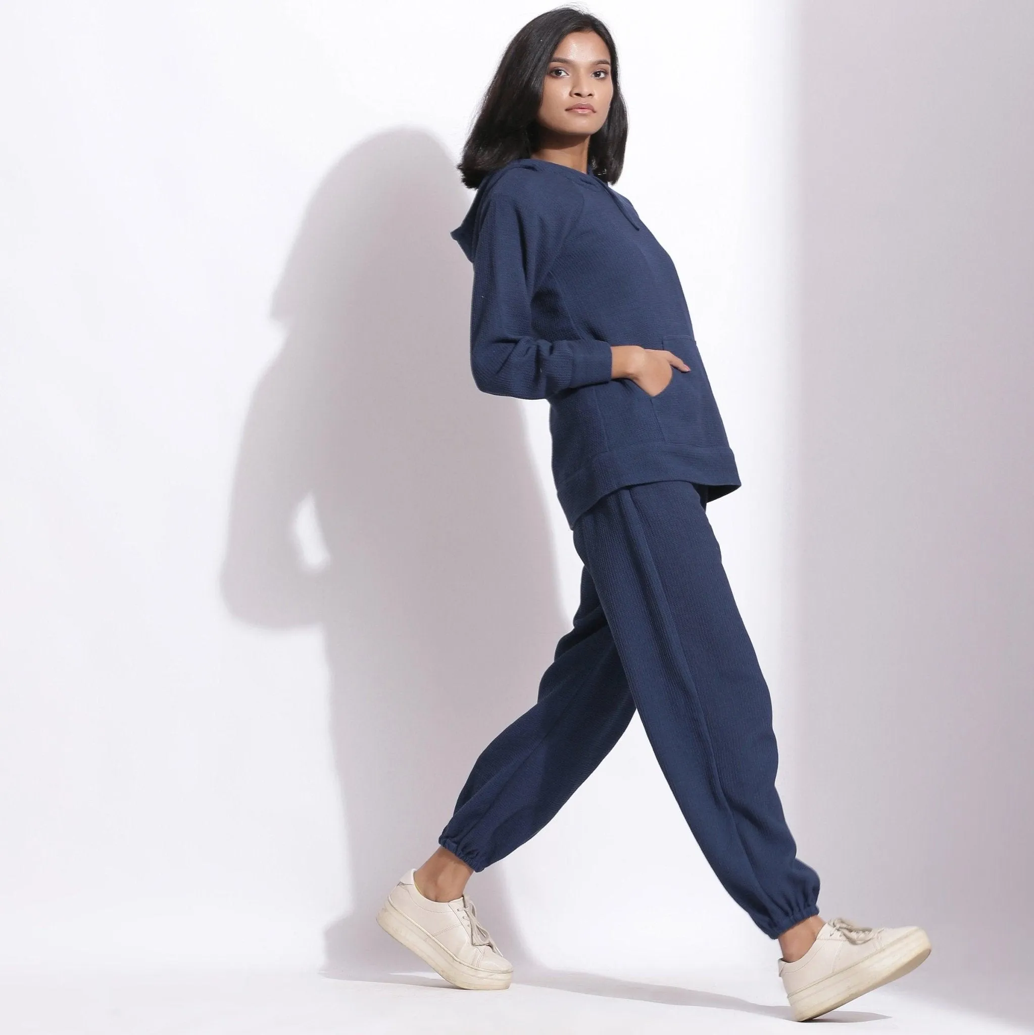 Navy Blue Warm Cotton Waffle Hoodie Sweatshirt