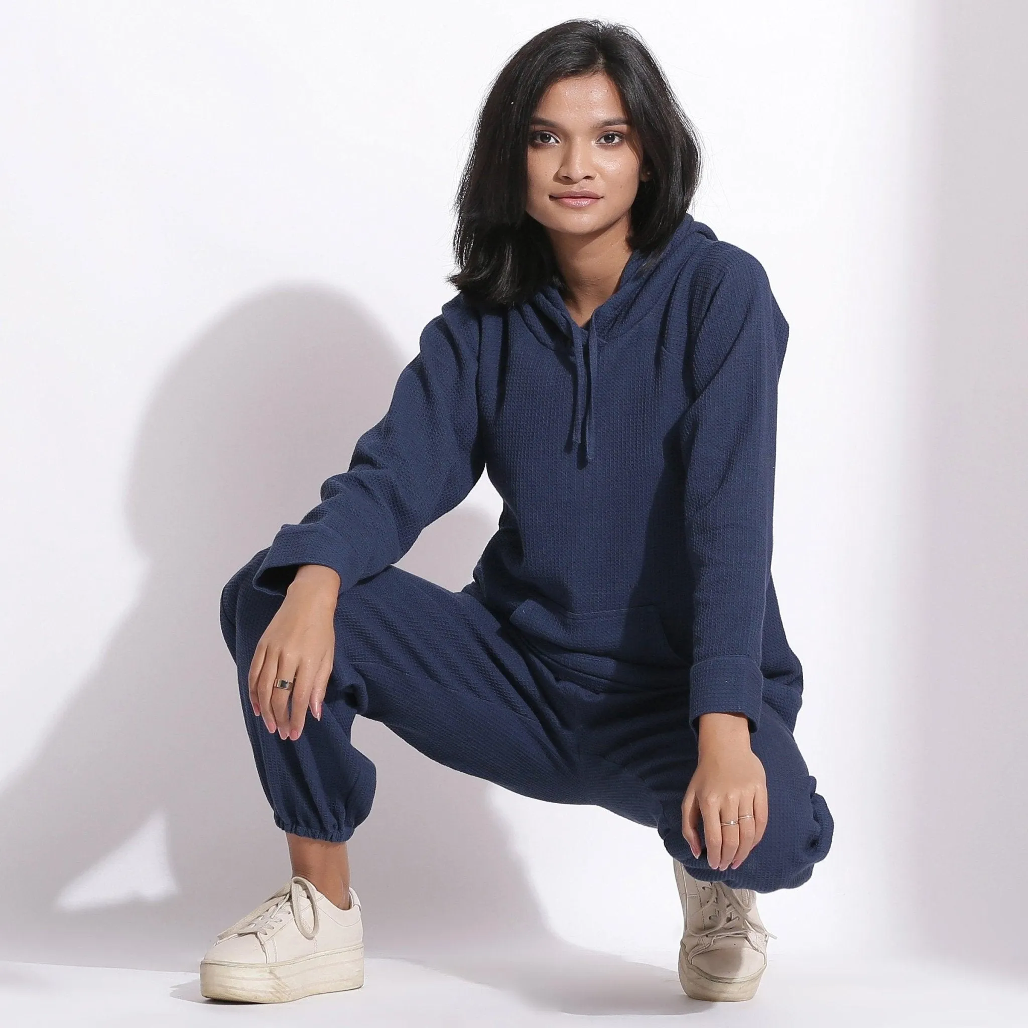 Navy Blue Warm Cotton Waffle Hoodie Sweatshirt