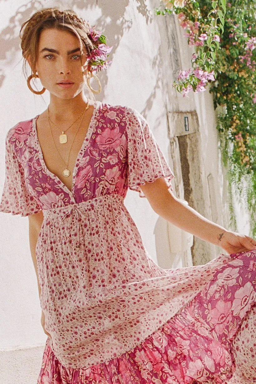Pink Bohemia Style Floral Long Dress