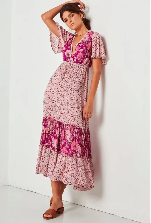 Pink Bohemia Style Floral Long Dress