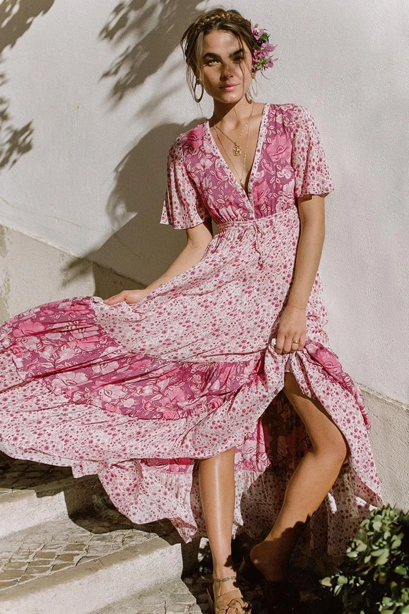 Pink Bohemia Style Floral Long Dress