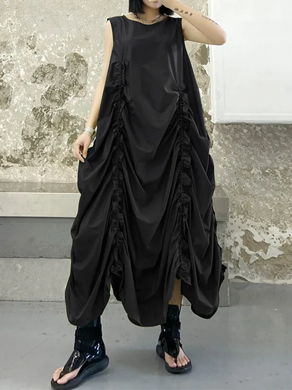 Pleated Solid Color Loose Sleeveless Round-neck Midi Dresses