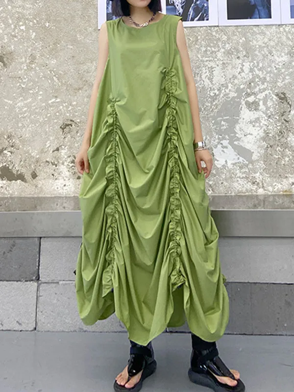 Pleated Solid Color Loose Sleeveless Round-neck Midi Dresses