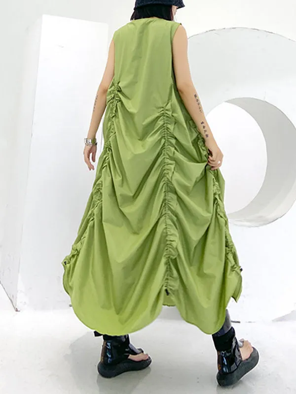 Pleated Solid Color Loose Sleeveless Round-neck Midi Dresses