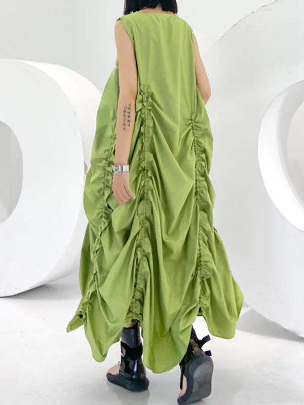 Pleated Solid Color Loose Sleeveless Round-neck Midi Dresses