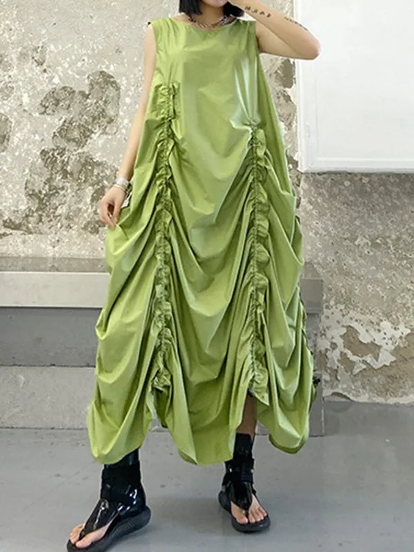 Pleated Solid Color Loose Sleeveless Round-neck Midi Dresses