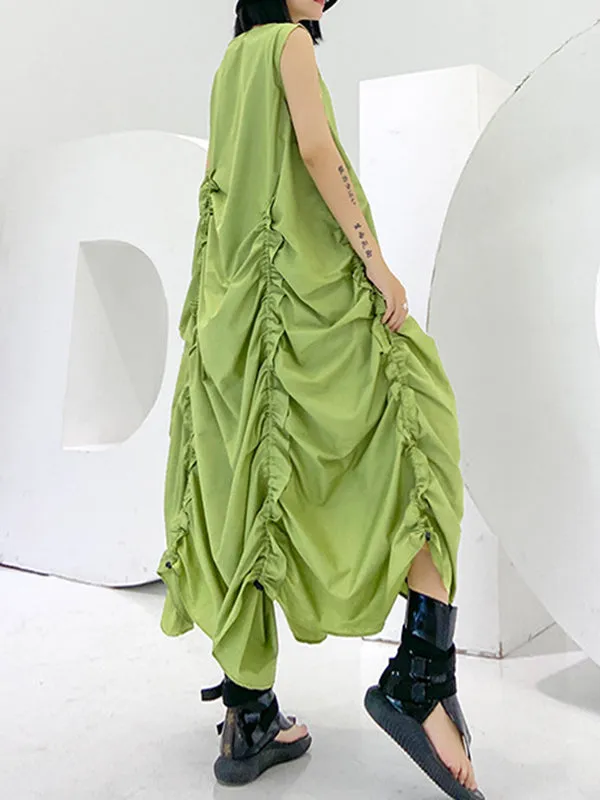 Pleated Solid Color Loose Sleeveless Round-neck Midi Dresses