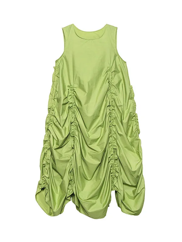 Pleated Solid Color Loose Sleeveless Round-neck Midi Dresses