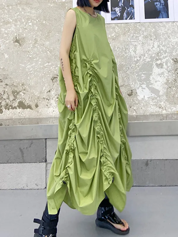 Pleated Solid Color Loose Sleeveless Round-neck Midi Dresses