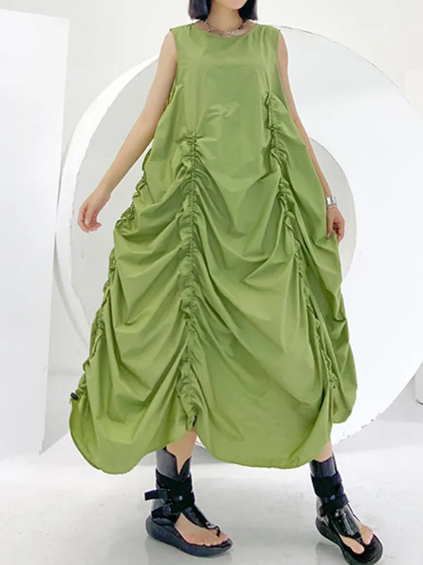 Pleated Solid Color Loose Sleeveless Round-neck Midi Dresses
