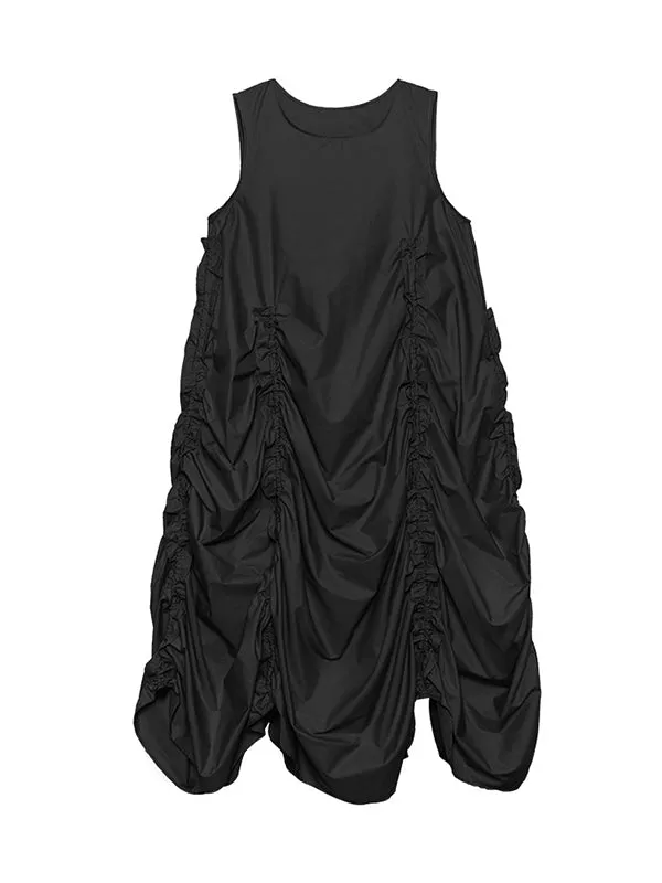 Pleated Solid Color Loose Sleeveless Round-neck Midi Dresses