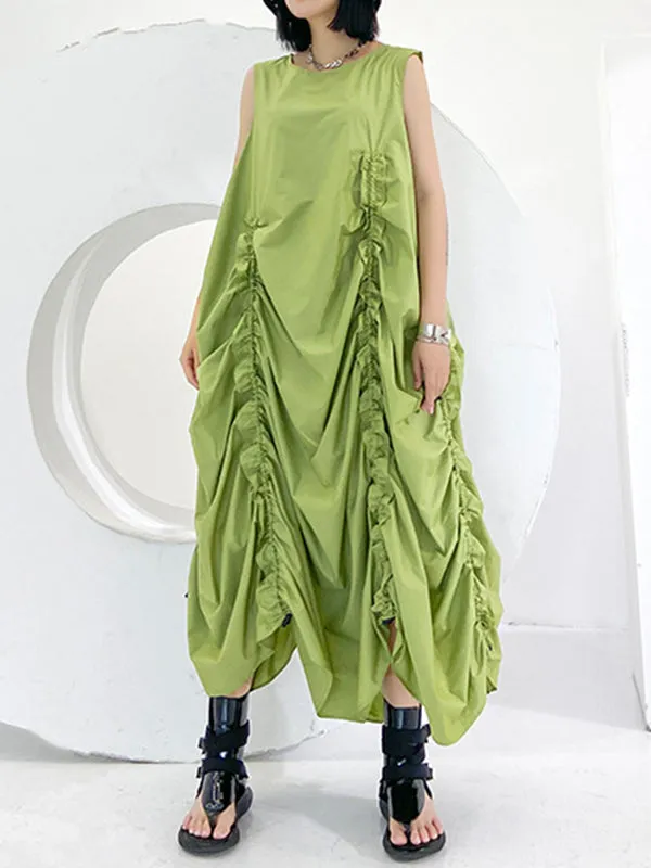 Pleated Solid Color Loose Sleeveless Round-neck Midi Dresses