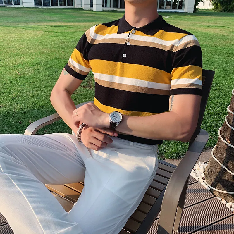 Quad Color Horizontal Stripes Knitted Polo Shirt