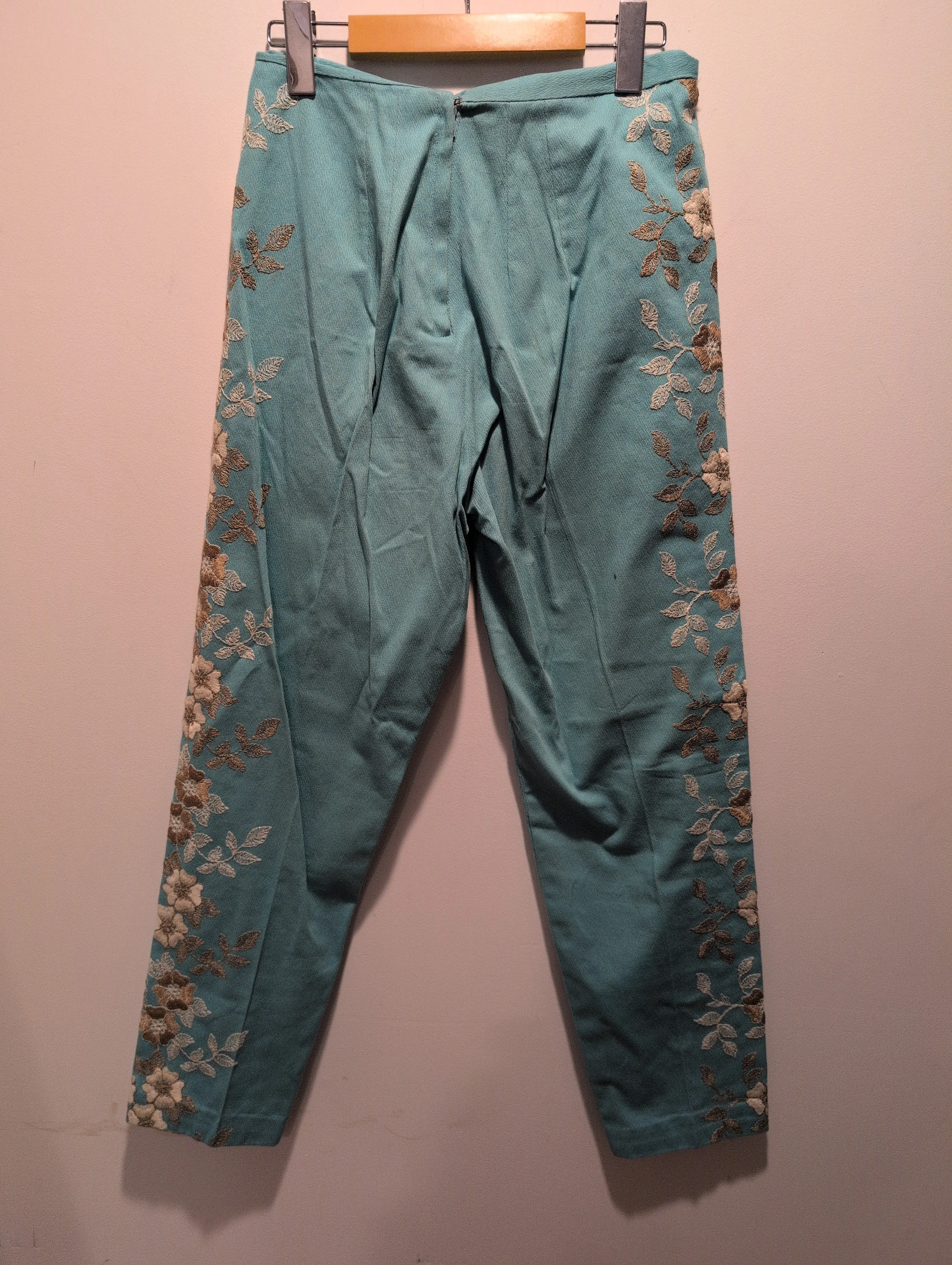 (RRSG455) Vintage Floral Embroidered Turquoise Button Vest   Pants Suit 2-Piece Set