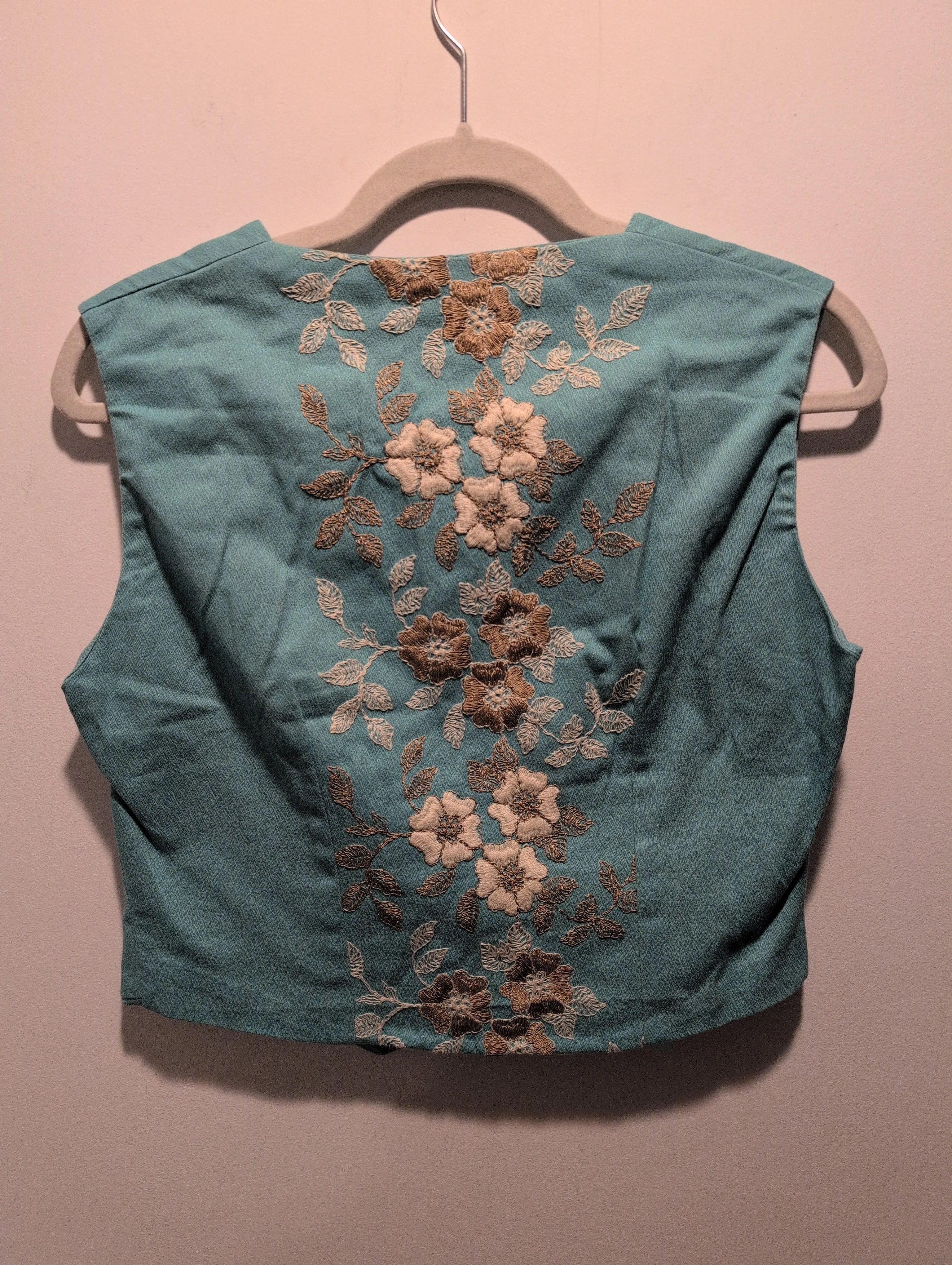 (RRSG455) Vintage Floral Embroidered Turquoise Button Vest   Pants Suit 2-Piece Set