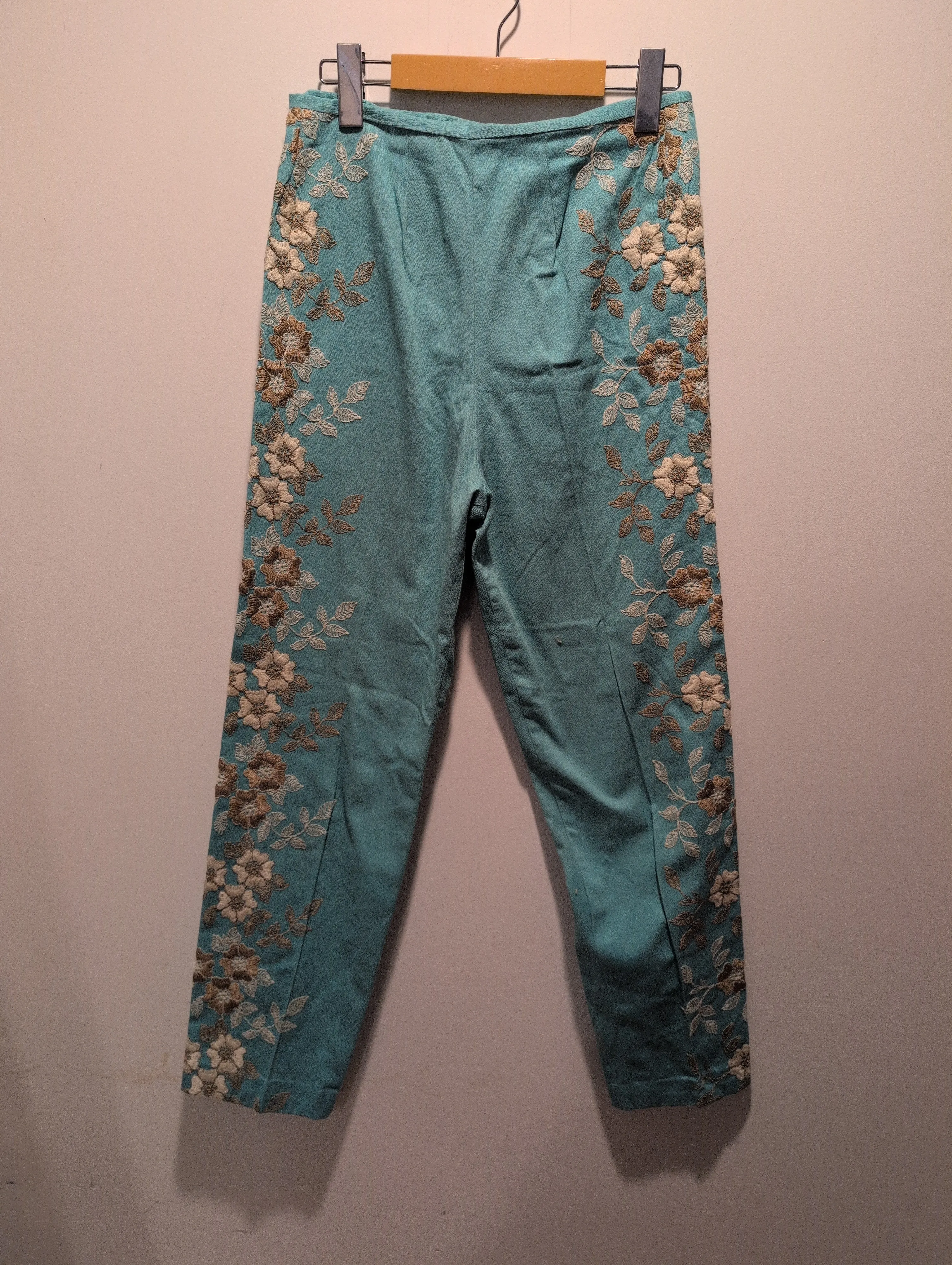 (RRSG455) Vintage Floral Embroidered Turquoise Button Vest   Pants Suit 2-Piece Set