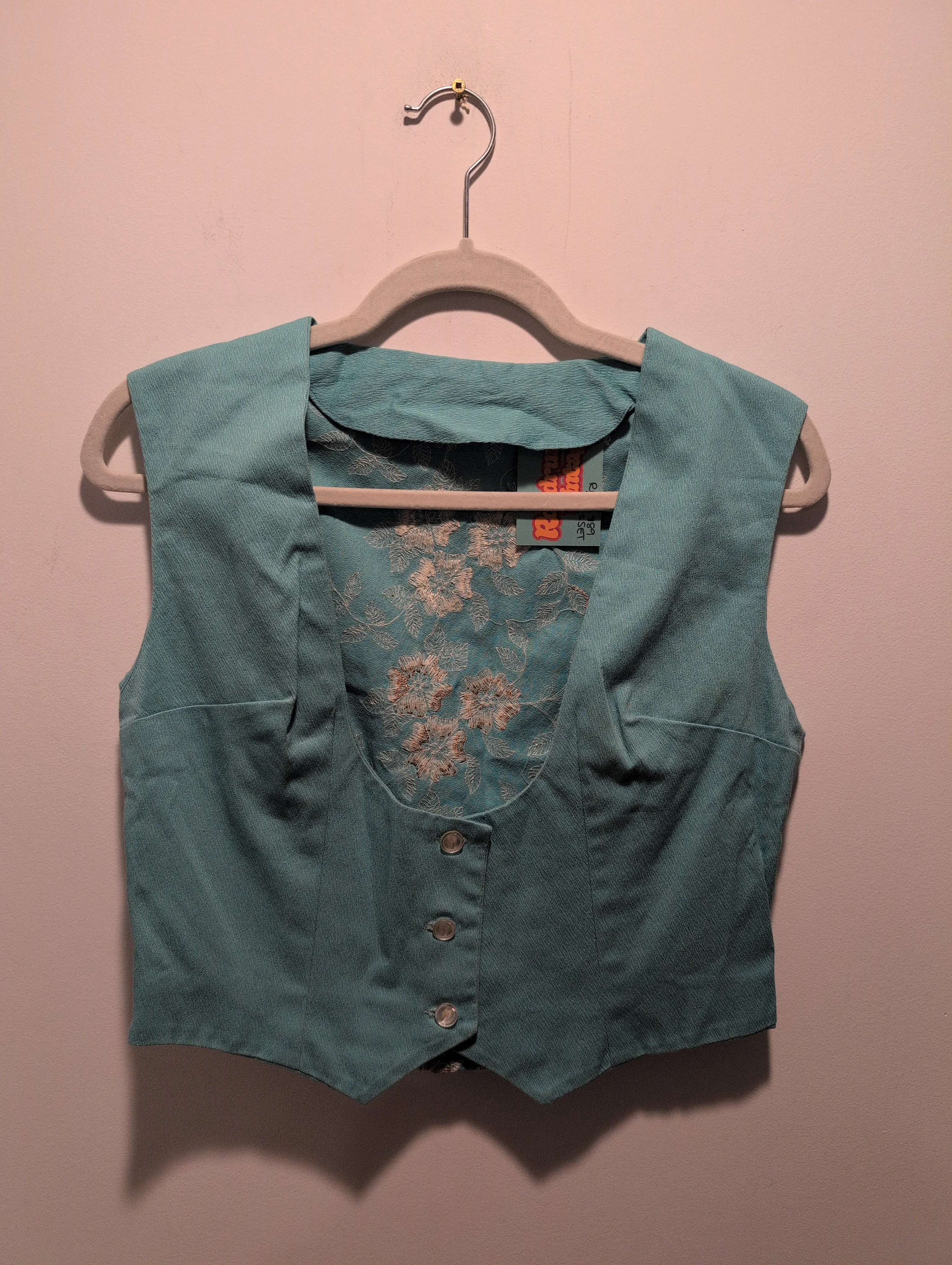 (RRSG455) Vintage Floral Embroidered Turquoise Button Vest   Pants Suit 2-Piece Set