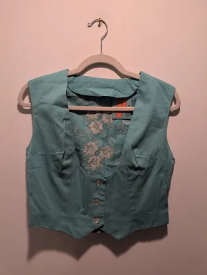 (RRSG455) Vintage Floral Embroidered Turquoise Button Vest   Pants Suit 2-Piece Set