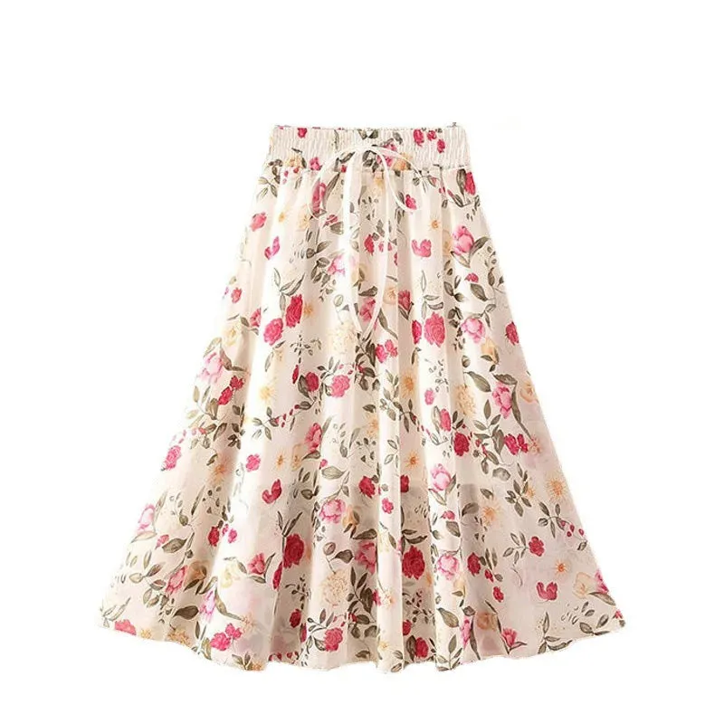 Spring Summer Floral Girl Skirt Chiffon Long Length Fashion Teenager Girl Clothes Elegant Princess Plus Size Tutu Tulle Big