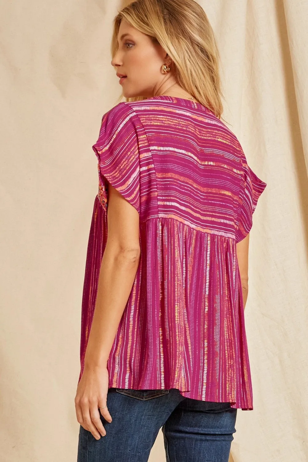 Striped Babydoll Embroidered Top, Magenta