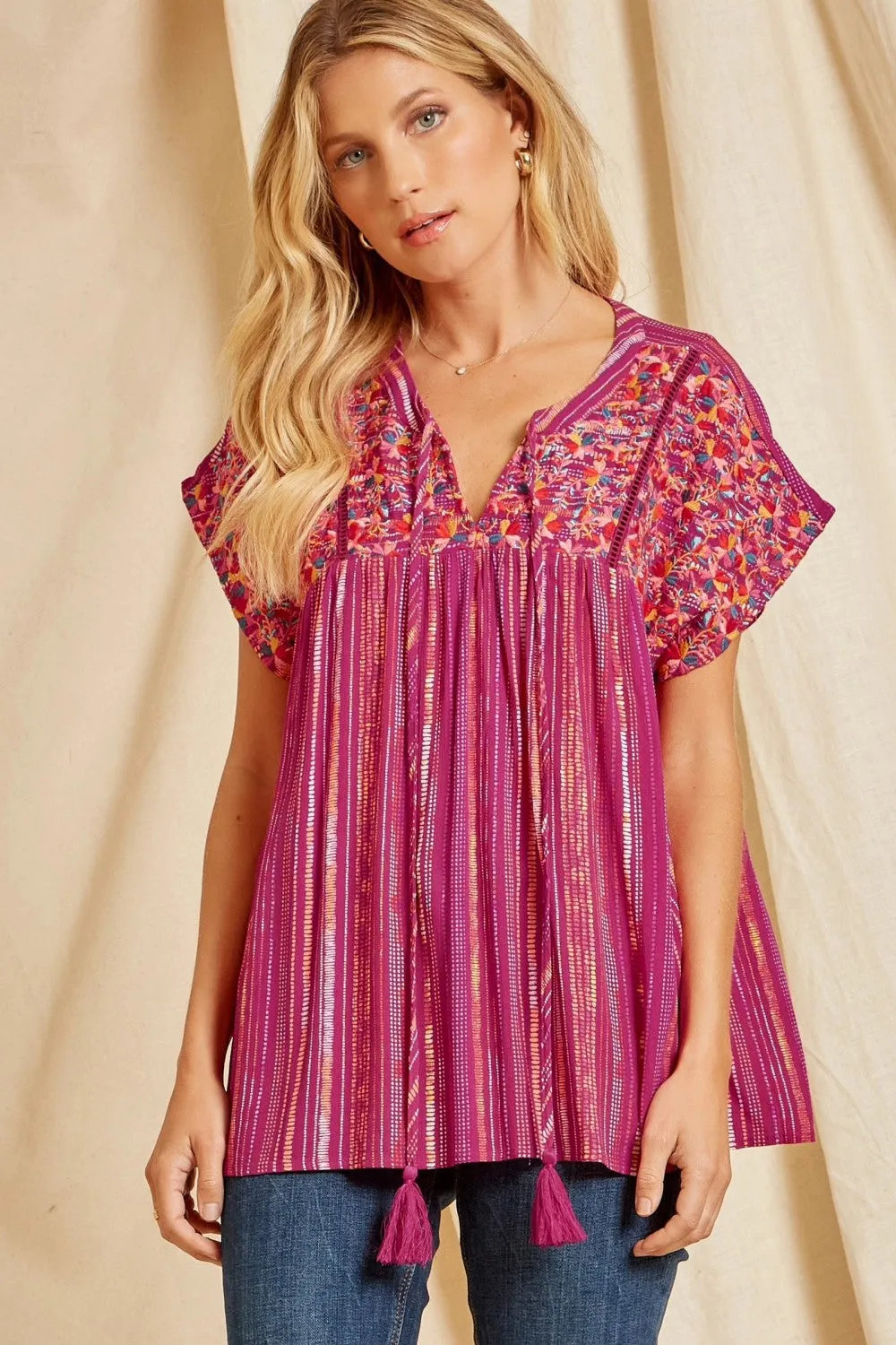 Striped Babydoll Embroidered Top, Magenta