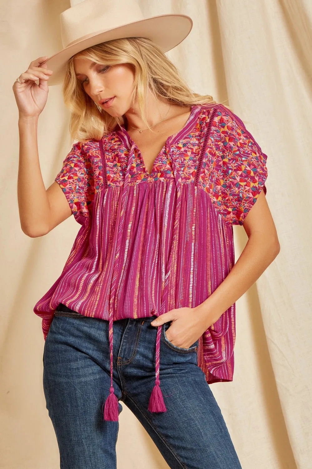 Striped Babydoll Embroidered Top, Magenta