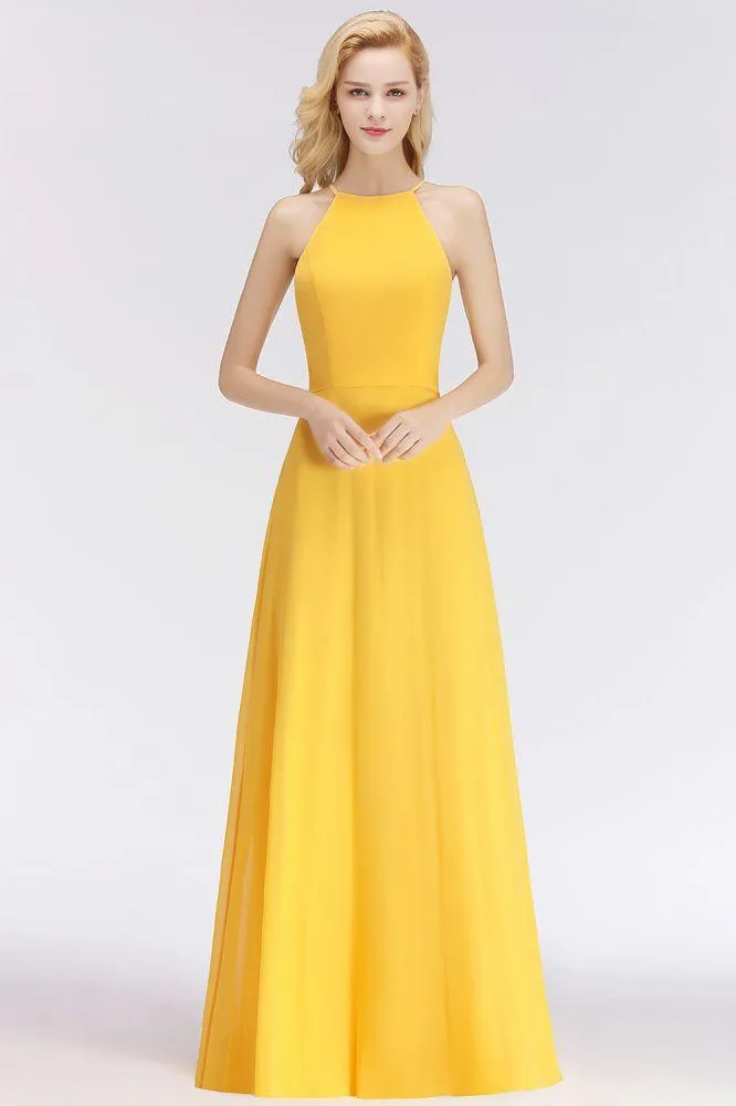 Stylish A-line Halter Sleeveless Floor Length Yellow Bridesmaid Dresses