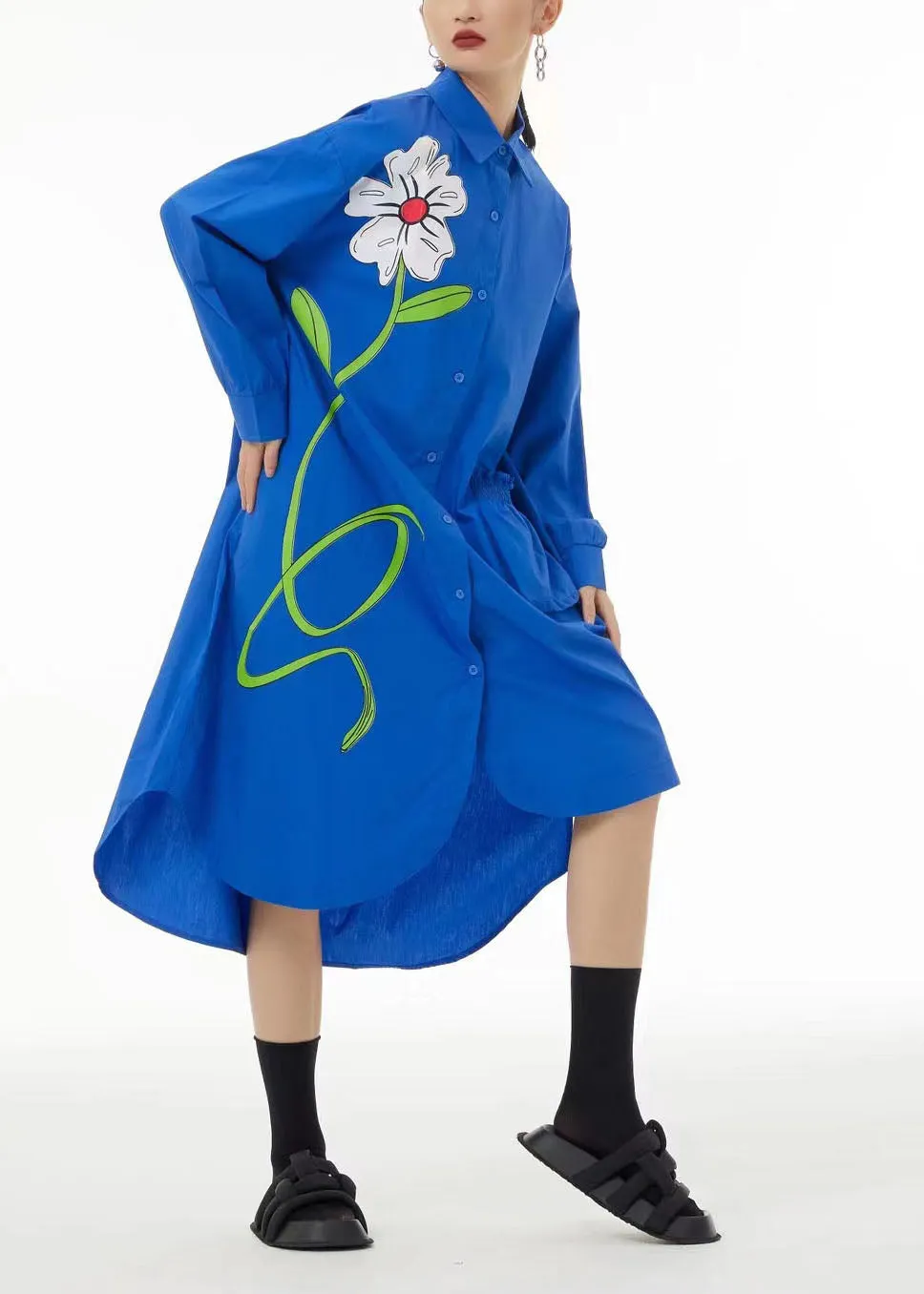 Stylish Black Asymmetrical Floral Pocket Cotton Vacation Dresses Spring LC0108