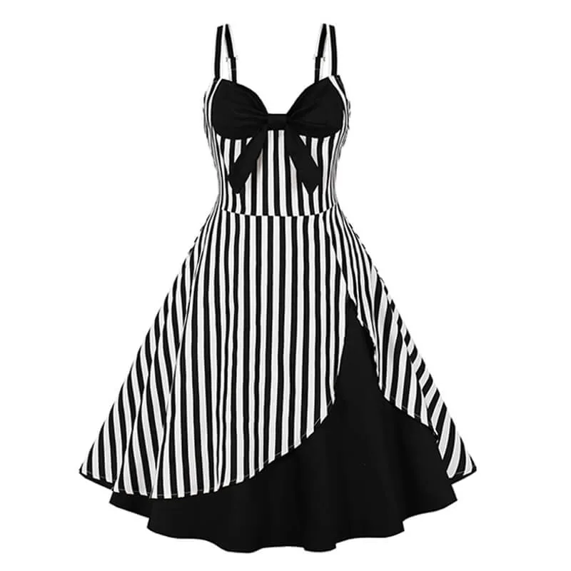 Stylish Bow Patchwork Suspender Dress