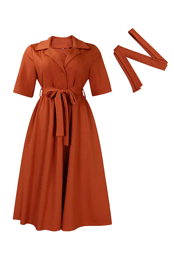 Stylish Lapel Button Down Belted Dress