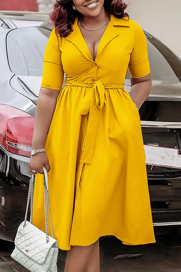 Stylish Lapel Button Down Belted Dress