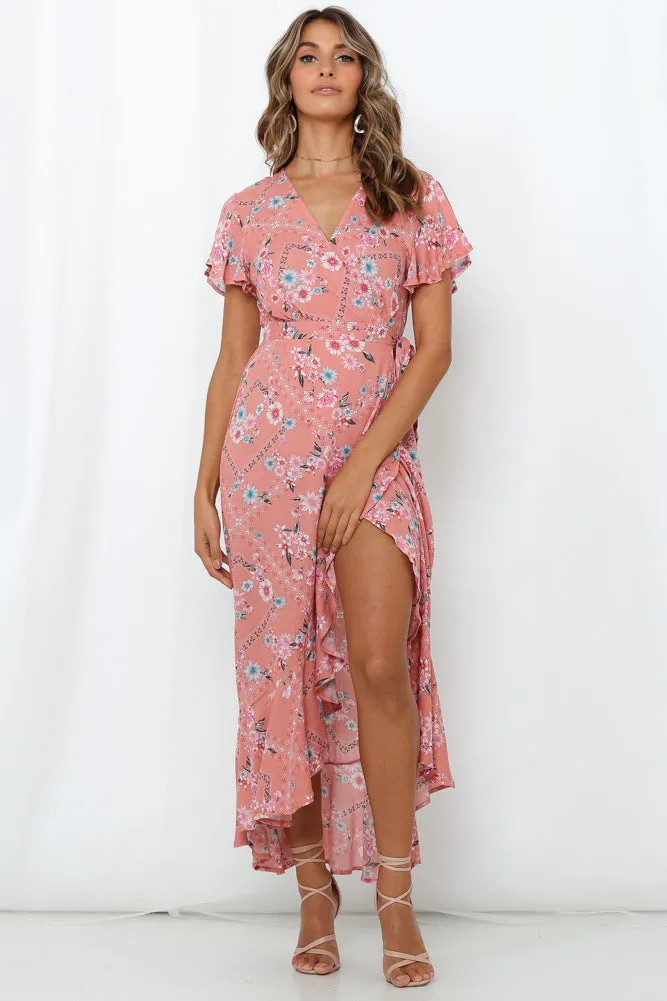 Stylish V-Neck Ruffled Sleeve Irregular Wooden Ears Print Dress Wholesale Dresses