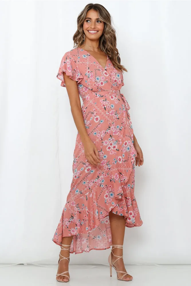Stylish V-Neck Ruffled Sleeve Irregular Wooden Ears Print Dress Wholesale Dresses
