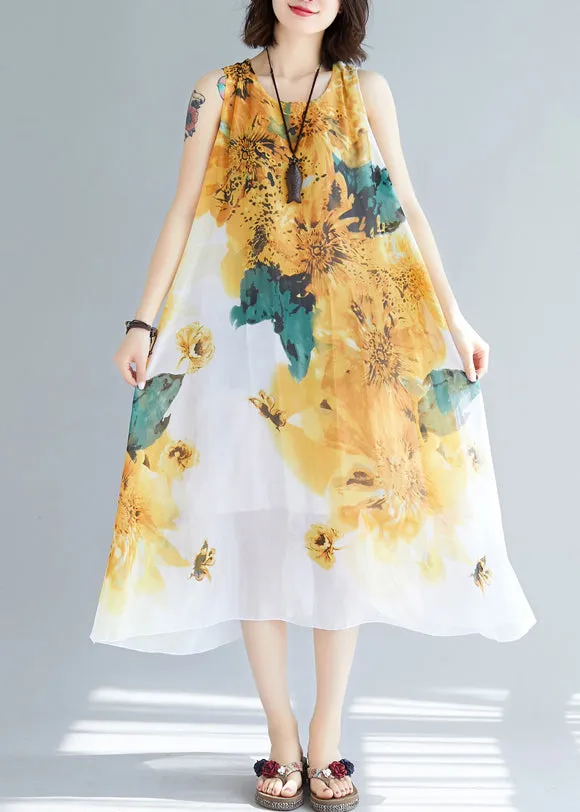 Stylish Yellow O-Neck Print Chiffon Dresses Sleeveless JH041
