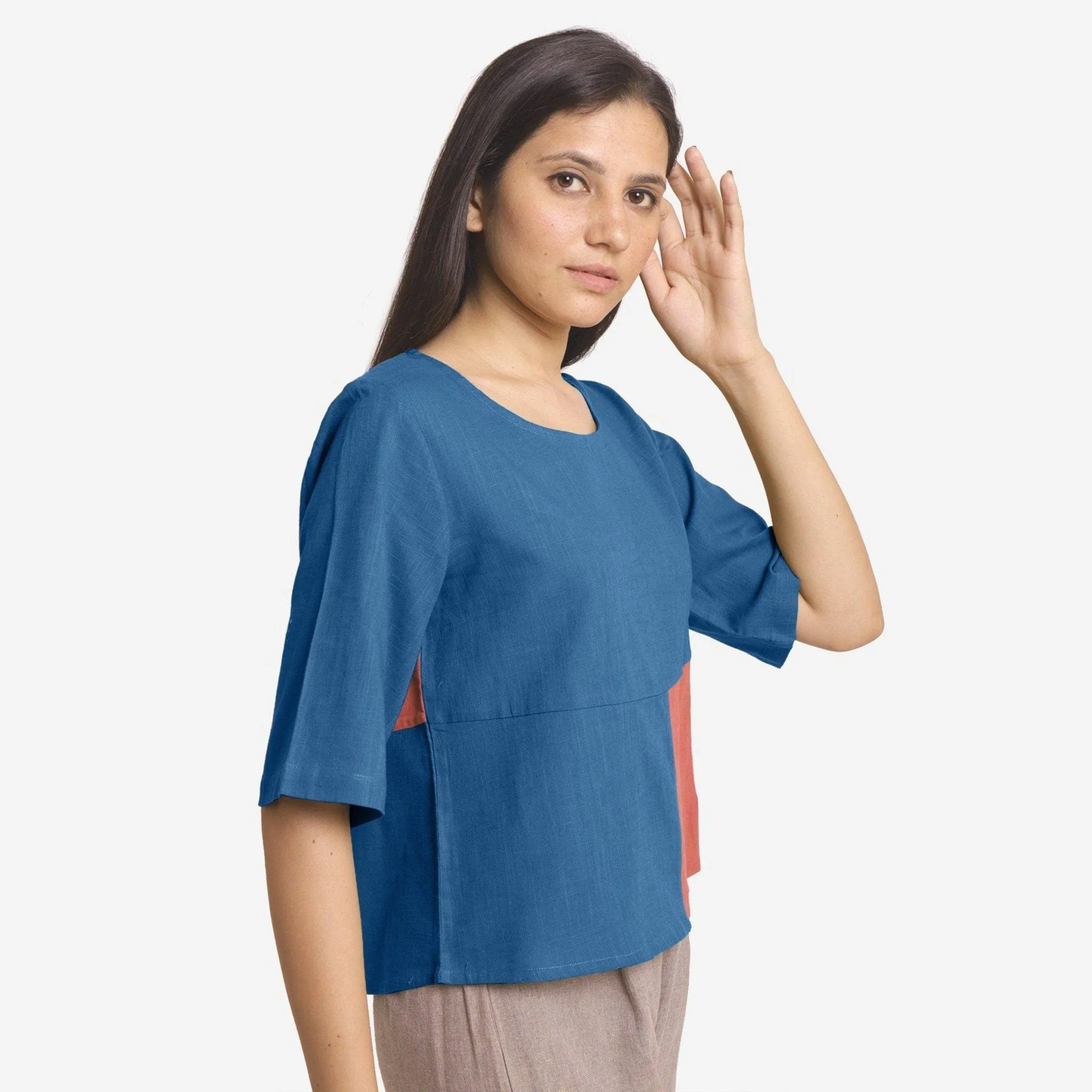Teal and Red 100% Cotton Round Neck Paneled Top