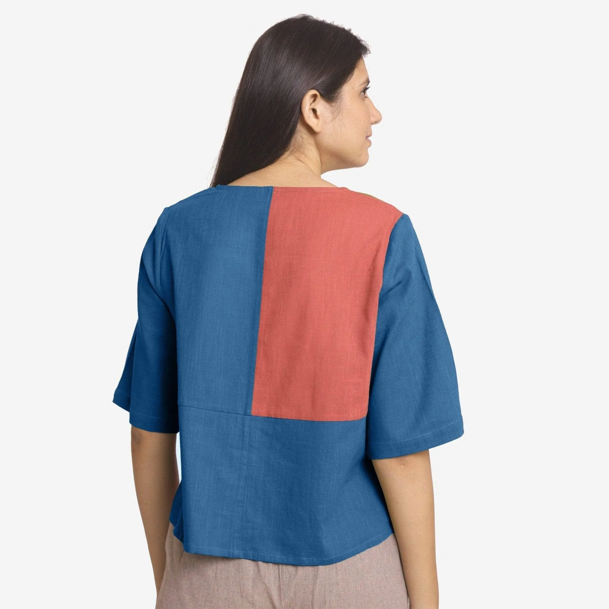 Teal and Red 100% Cotton Round Neck Paneled Top