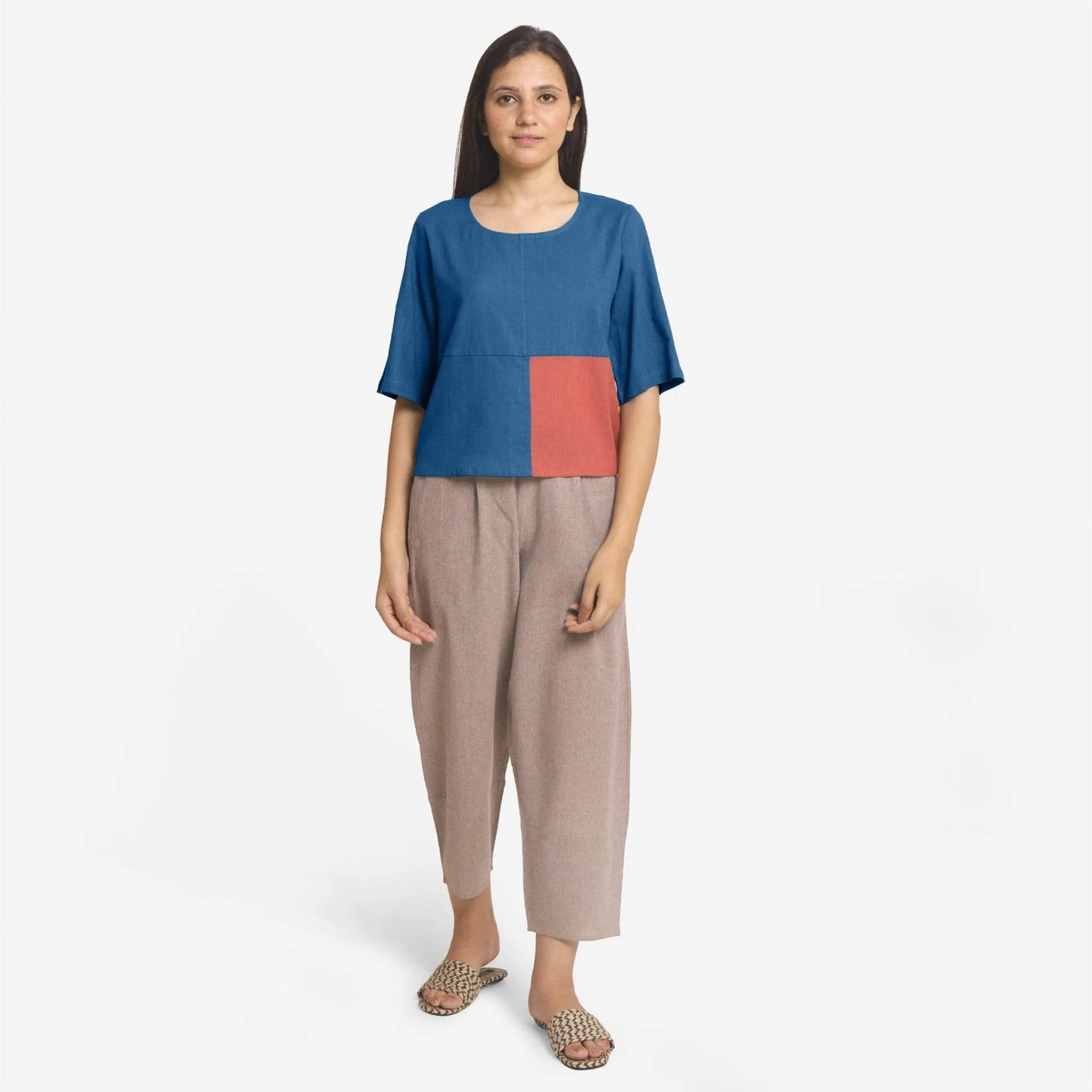 Teal and Red 100% Cotton Round Neck Paneled Top