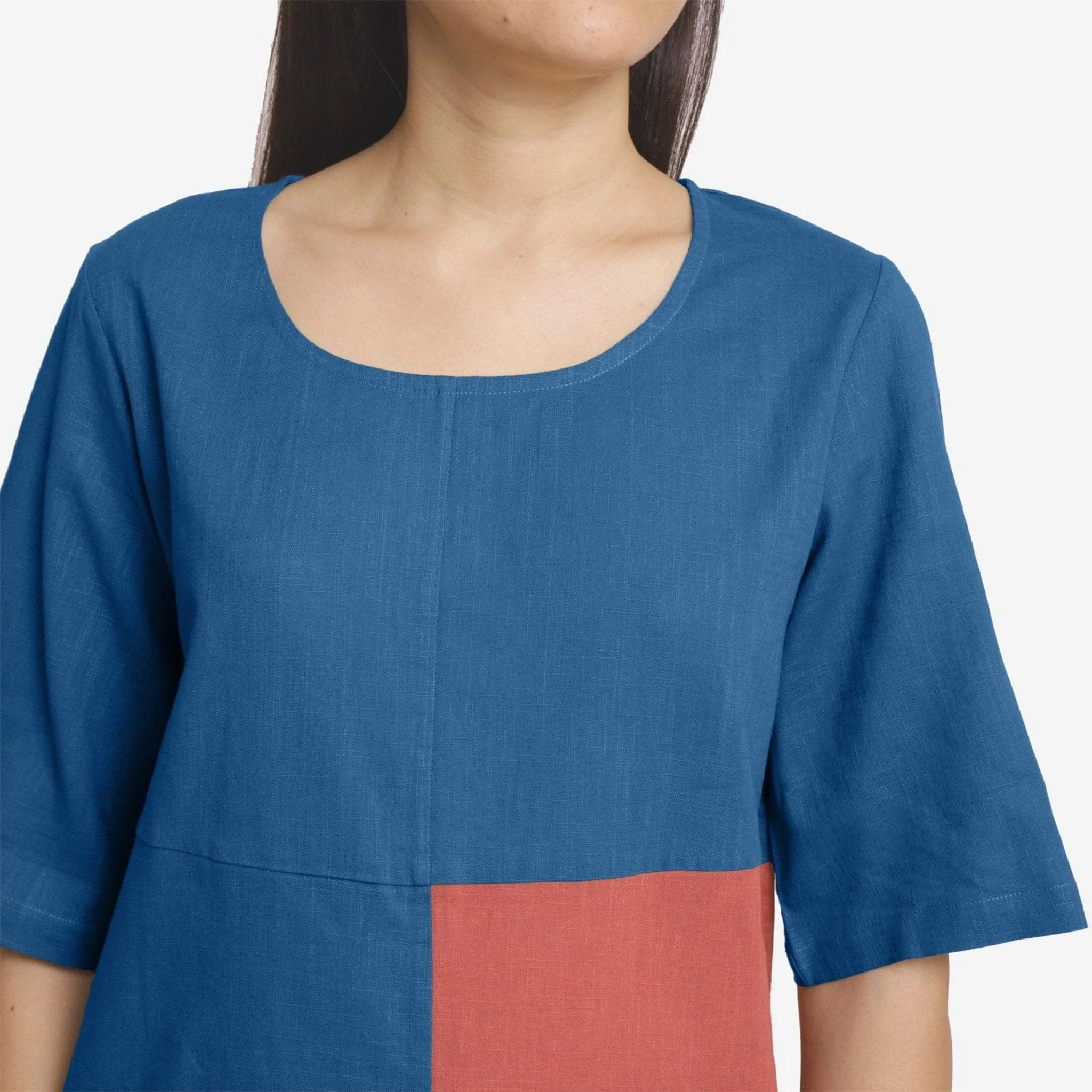 Teal and Red 100% Cotton Round Neck Paneled Top