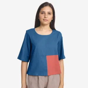 Teal and Red 100% Cotton Round Neck Paneled Top
