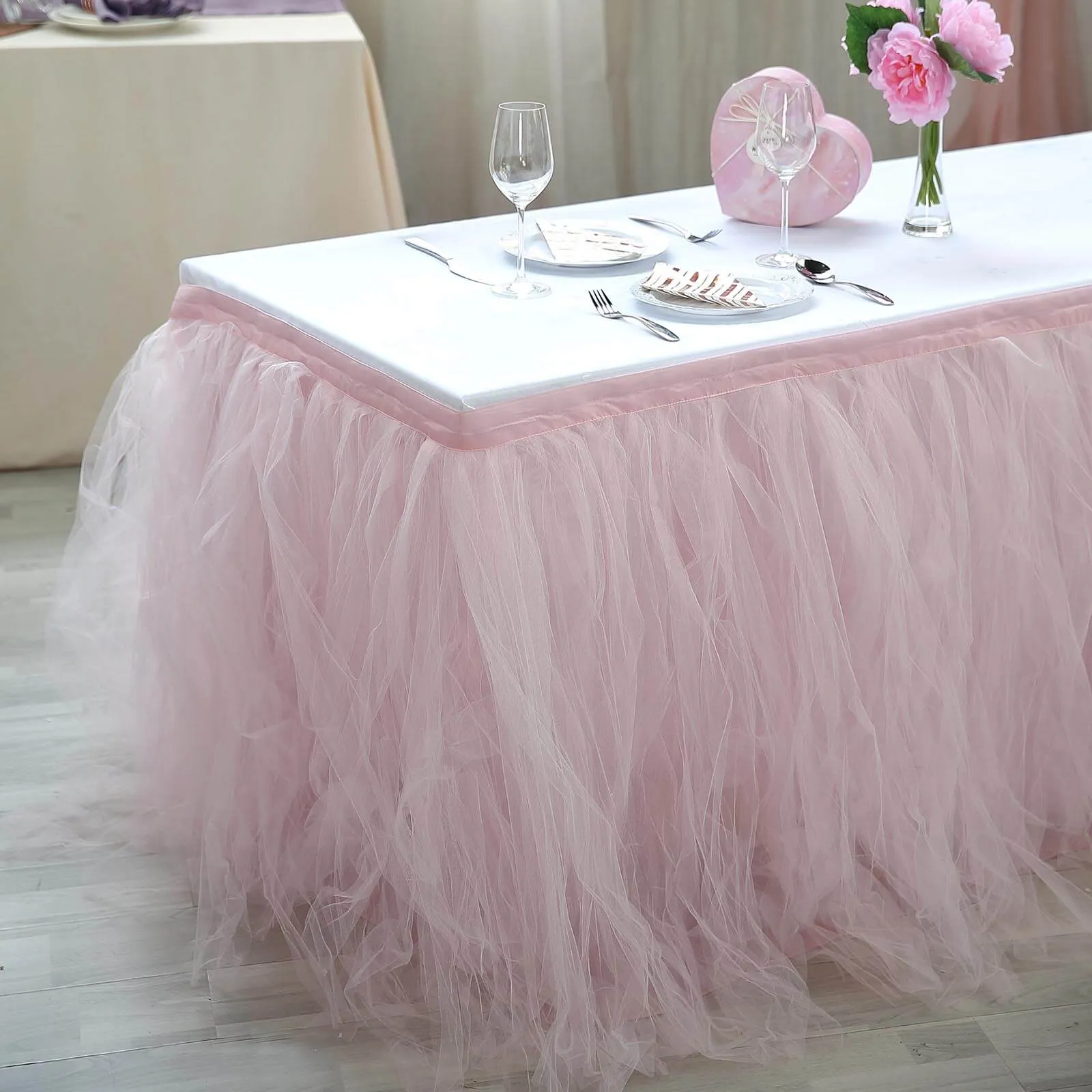 Tulle Table Skirt 14ft Blush - 4 Layer Pleated Tutu Table Cover