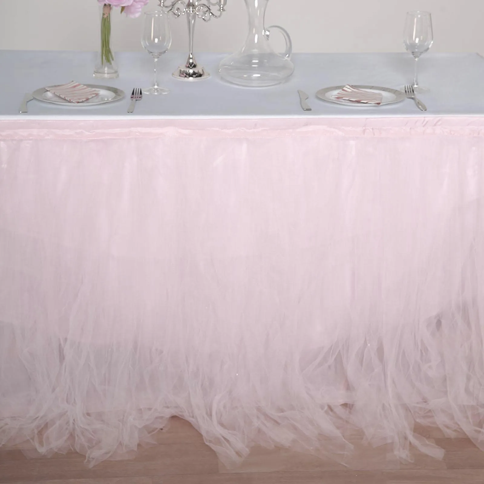 Tulle Table Skirt 14ft Blush - 4 Layer Pleated Tutu Table Cover