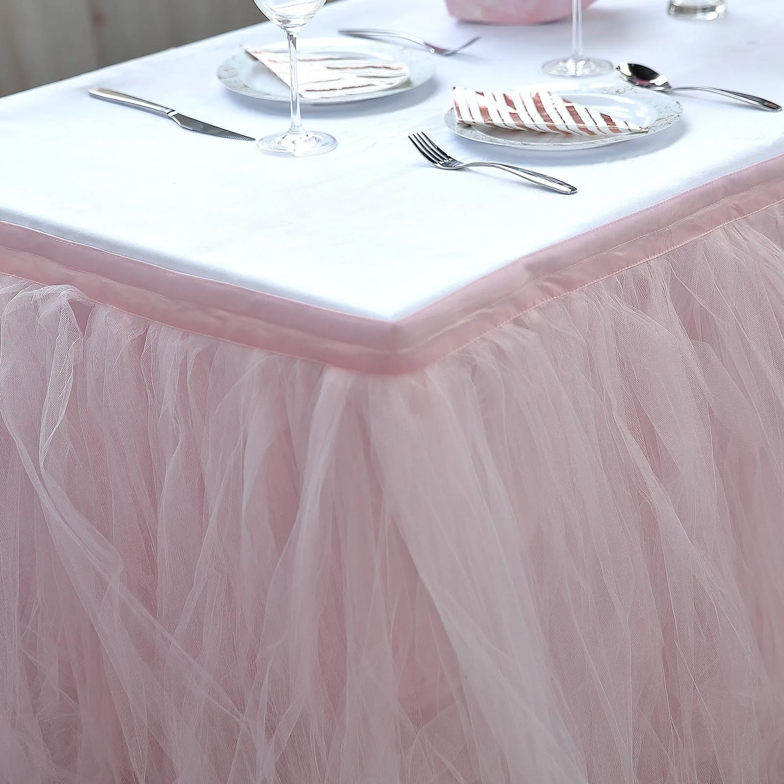Tulle Table Skirt 14ft Blush - 4 Layer Pleated Tutu Table Cover