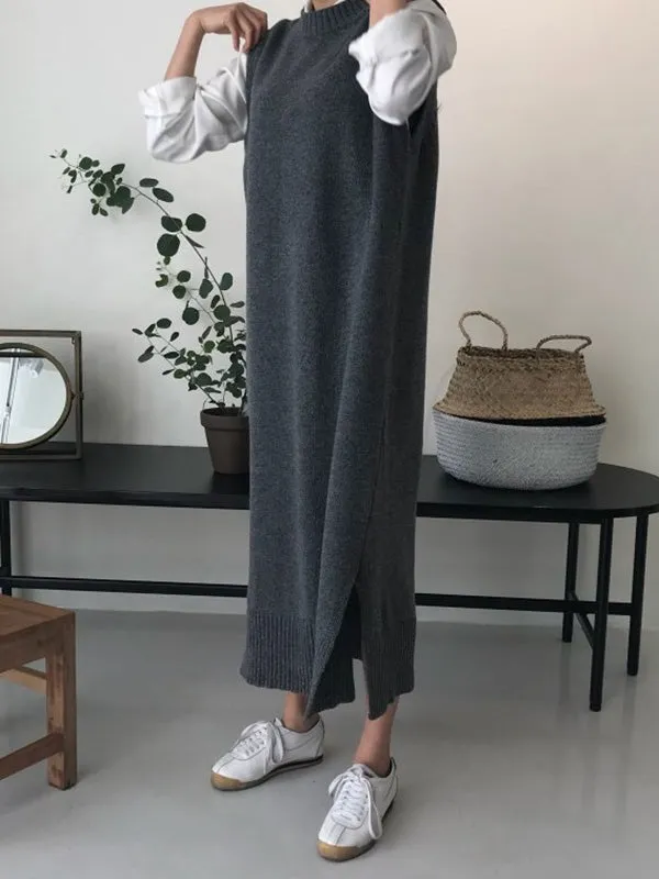 Urban Loose Sleeveless Solid Color Round-Neck Midi Dresses Sweater Dresses