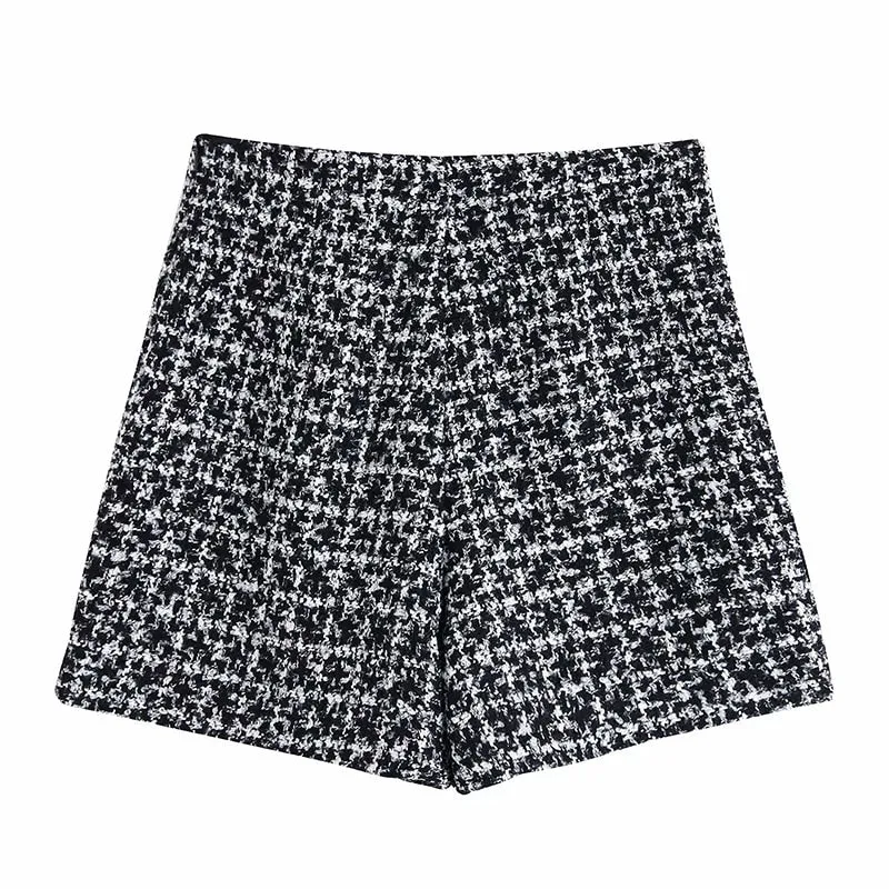 Vintage Houndstooth Women Shorts Skirts High Waist