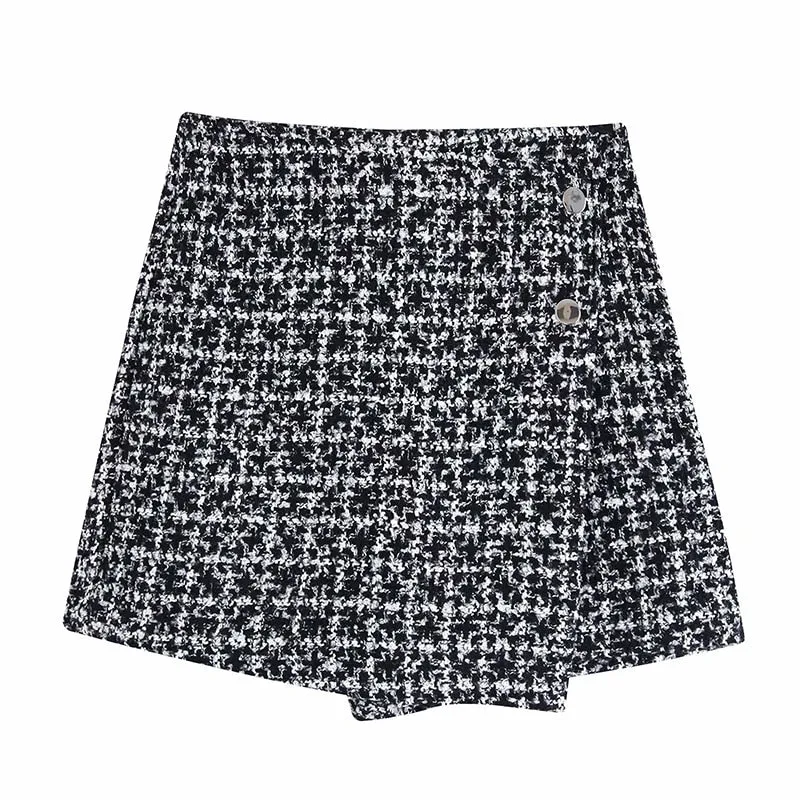 Vintage Houndstooth Women Shorts Skirts High Waist