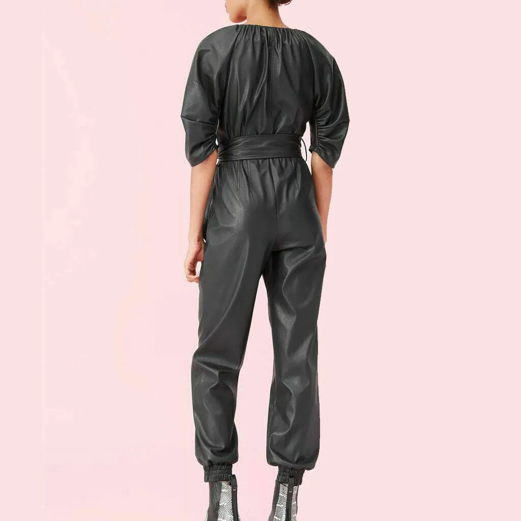 Women Genuine Leather Jumpsuit Black Real Leather Romper Belted Stylish