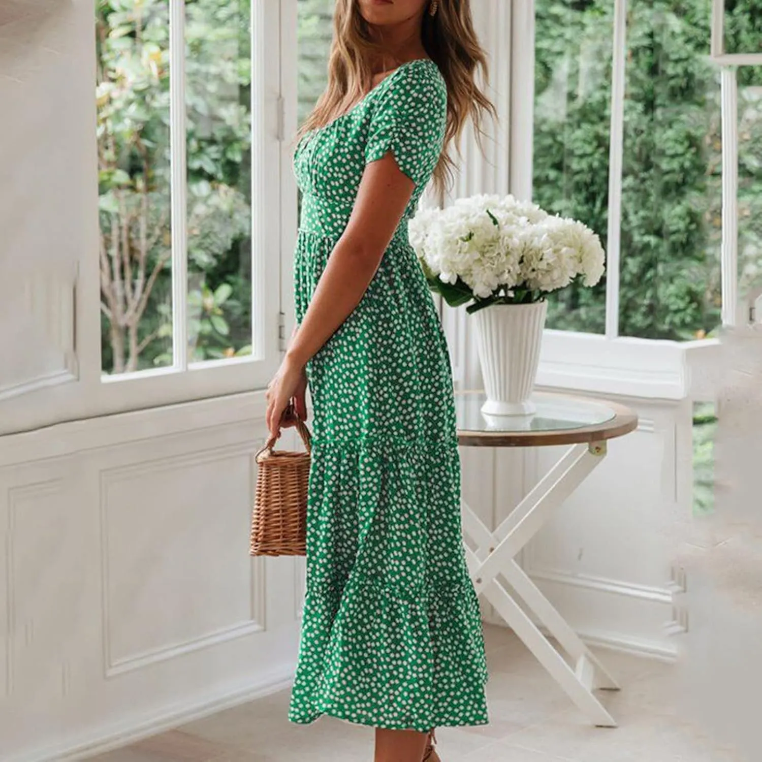 Women Summer Boho Dress Casual Beachwear Sundresses Flowy Floral Print Square Neck Ruffle Swing Long Maxi Dress