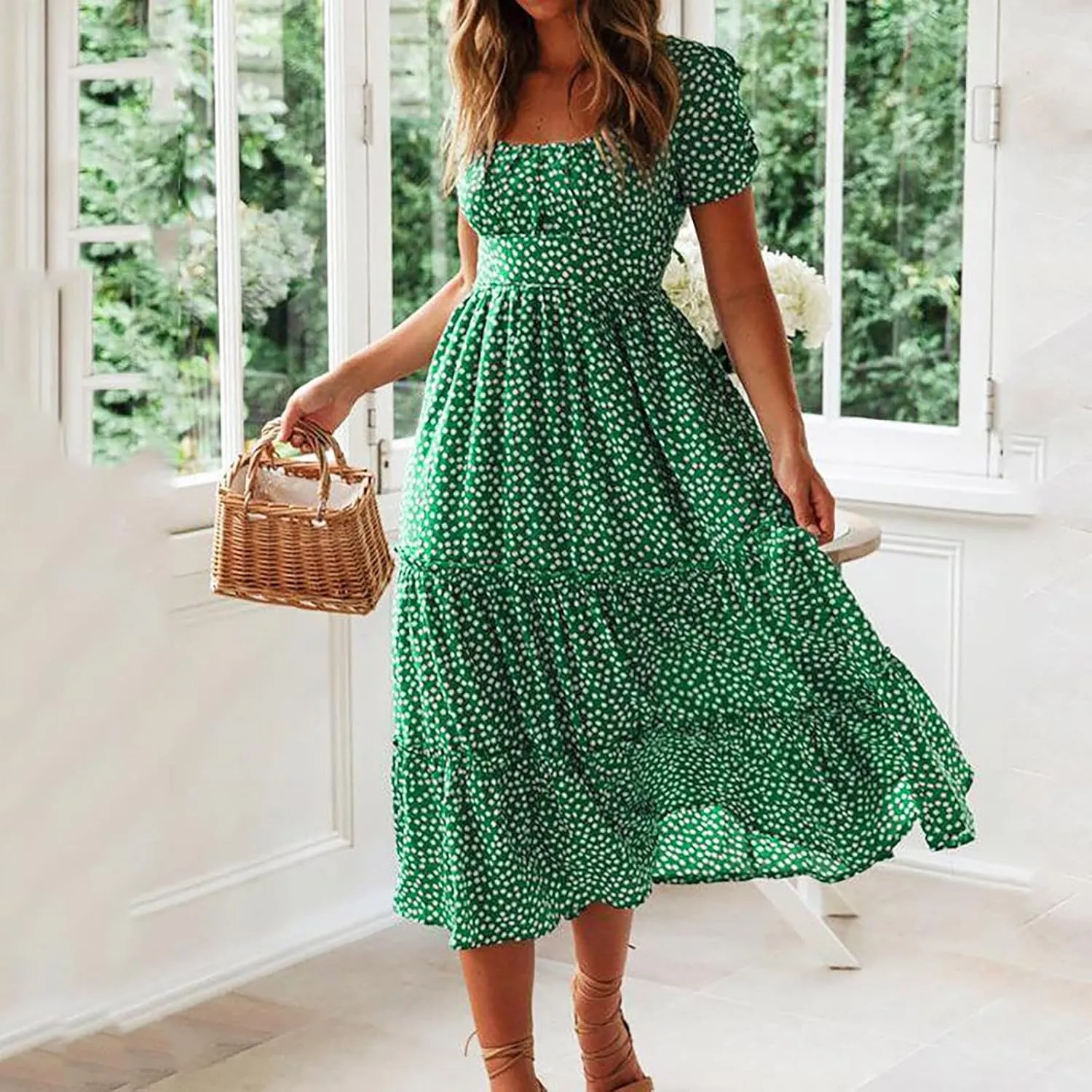 Women Summer Boho Dress Casual Beachwear Sundresses Flowy Floral Print Square Neck Ruffle Swing Long Maxi Dress
