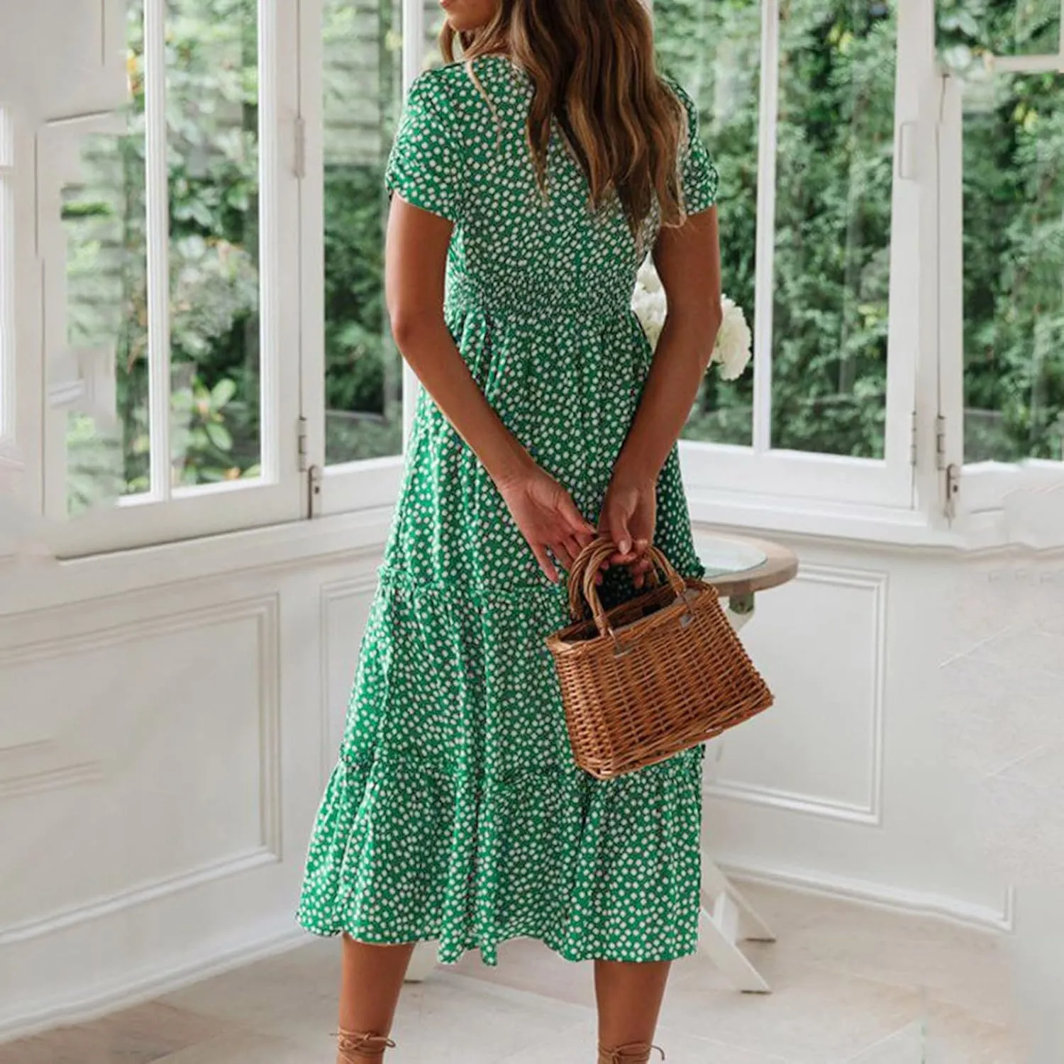 Women Summer Boho Dress Casual Beachwear Sundresses Flowy Floral Print Square Neck Ruffle Swing Long Maxi Dress